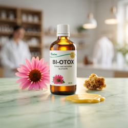 Mezina BI-OTOX tinktur pr�senteret p� lyst gr�nt marmor, ledsaget af en frisk r�d solhat blomst og r� propolis i et rent, botanisk apoteker-milj�.