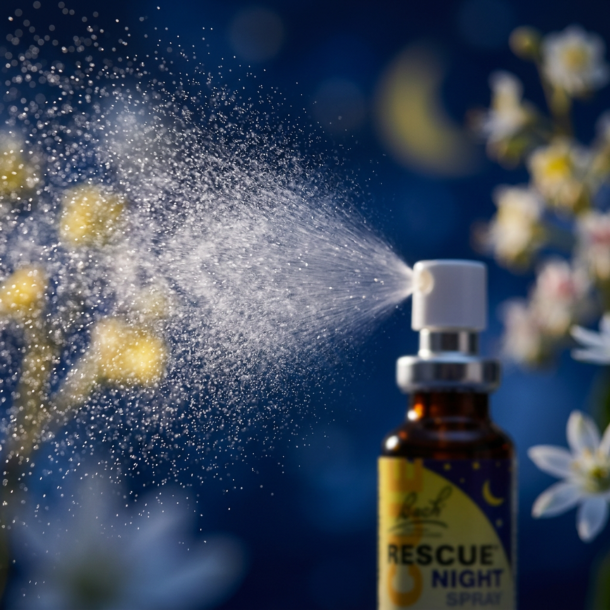 Et krystalklart makrobillede af en fin, forst�vet spray-t�ge, der spreder sig blidt. Den bl�dt sl�rede baggrund kombinerer dybe, nattebl� og indigo nuancer med sarte, botaniske glimt af gylden m�ne-gul (Hestekastanje/Fuglem�lk) og en subtil silhuet af en 1:1 realistisk m�rk ravfarvet glasflaske med et hvidt sprayhoved (atomizer). Lyset er d�mpet, utroligt beroligende, og udstr�ler absolut indre ro f�r sengetid, afklaring af tankemylder og botanisk renhed.