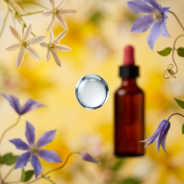 Et krystalklart makrobillede af en frisk, rund vanddr�be, der falder i fokus. Den bl�dt sl�rede baggrund kombinerer varme, optimistiske gule nuancer med sarte botaniske glimt (Fuglem�lk/Skovranke) og en subtil silhuet af en 1:1 realistisk, lukket m�rk ravfarvet glasflaske. Lyset er ekstremt klart, beroligende, og udstr�ler absolut indre ro, f�lelsesm�ssig balance og botanisk renhed.