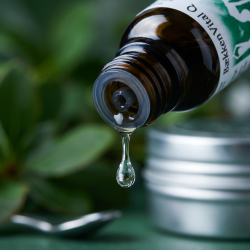 Et krystalklart makrobillede af en vanddr�be, der falder fra den indbyggede dr�bet�ller p� en m�rk ravfarvet glasflaske. Den bl�dt sl�rede baggrund kombinerer friske, jordbundne botaniske gr�nne nuancer (Berberis) med subtile, s�lvfarvede glimt af metallisk tin (Stannum). Lyset er klart, feminint, strukturerende og beroligende.