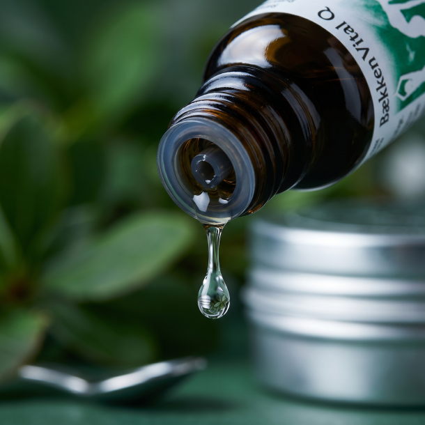 Et krystalklart makrobillede af en vanddr�be, der falder fra den indbyggede dr�bet�ller p� en m�rk ravfarvet glasflaske. Den bl�dt sl�rede baggrund kombinerer friske, jordbundne botaniske gr�nne nuancer (Berberis) med subtile, s�lvfarvede glimt af metallisk tin (Stannum). Lyset er klart, feminint, strukturerende og beroligende.