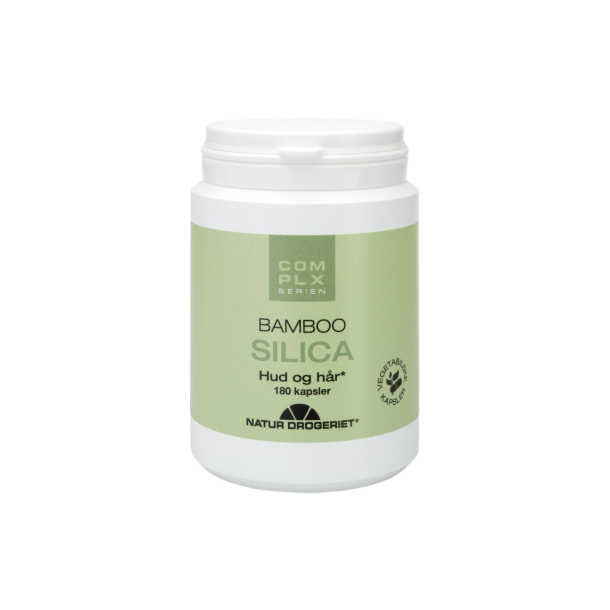 Hvid plastikb�tte med en lysegr�n etiket fra Natur Drogeriet. Teksten p� b�tten siger 'COMPLX SERIEN, BAMBOO SILICA, Hud og h�r, 180 kapsler, Vegetabilske kapsler'.*