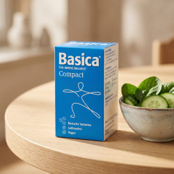 N�rbillede af den bl� Basica Compact �ske, der st�r p� et rent og lyst spisebord i tr� ved siden af en sk�l med friske, gr�nne gr�ntsager.