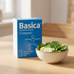 N�rbillede af den store bl� Basica Compact �ske, der st�r p� et rent og lyst spisebord i tr� ved siden af en sk�l med friske, gr�nne gr�ntsager.