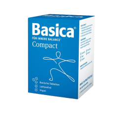 En bl� og hvid �ske med Basica Compact, 360 tabletter. P� �sken ses en hvid stregtegning af en person i balance, samt teksterne Laktosefrei og Vegan.