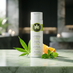 Hemphilia badegel anrettet p� lysegr�nt marmor med et friskt hampeblad, k�lende pebermynte og s�d appelsin i et eksklusivt spa-badev�relse.