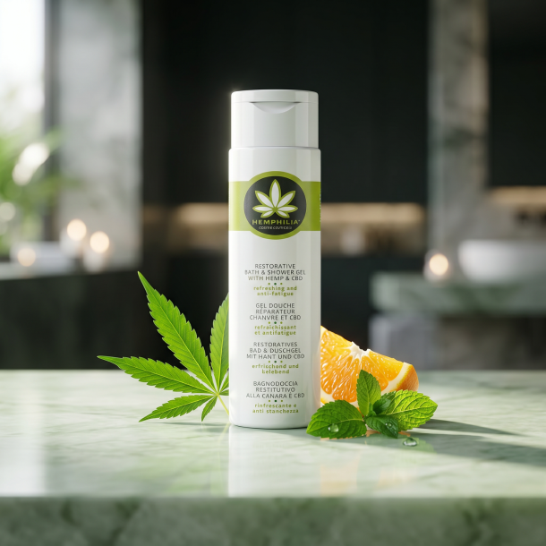 Hemphilia badegel anrettet p� lysegr�nt marmor med et friskt hampeblad, k�lende pebermynte og s�d appelsin i et eksklusivt spa-badev�relse.