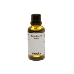 En klassisk m�rkebrun apoteker-glasflaske fra Allergica. Etiketten er stilren og hvid. Flasken indeholder 50 ml Belladonna D30 dr�ber og har en praktisk, indbygget dr�bet�ller i toppen.