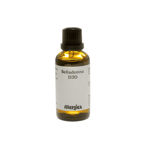 En klassisk m�rkebrun apoteker-glasflaske fra Allergica. Etiketten er stilren og hvid. Flasken indeholder 50 ml Belladonna D30 dr�ber og har en praktisk, indbygget dr�bet�ller i toppen.