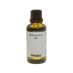 En klassisk m�rkebrun apoteker-glasflaske fra Allergica. Etiketten har et roligt, klinisk og stilrent hvidt/gr�t design med navnet Belladonna D6 tydeligt centreret. Flasken indeholder 50 ml dr�ber og har en indbygget dr�bet�ller i toppen.