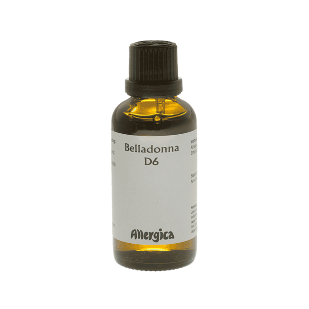 En klassisk m�rkebrun apoteker-glasflaske fra Allergica. Etiketten har et roligt, klinisk og stilrent hvidt/gr�t design med navnet Belladonna D6 tydeligt centreret. Flasken indeholder 50 ml dr�ber og har en indbygget dr�bet�ller i toppen.