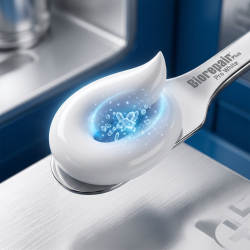 Et utroligt skarpt og klinisk makrobillede af en glat, kridhvid b�lge af tandpasta. B�lgen udsender et bl�dt, bl�t lys, der symboliserer de sm�, aktive microRepair-krystaller. Baggrunden er en ren, metallisk s�lvfarve, der understreger produktets videnskabelige natur.