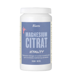 Hvid b�tte med Biorto Magnesium Citrat Vitality, der indeholder 90 veganske kapsler, med bl�t m�rkat og en lyser�d fugl.