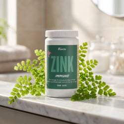 N�rbillede af den hvide og gr�nne Biorto Zink Immune d�se st�ende p� et lyst, elegant badev�relsesm�bel i marmor, omkranset af lette, gr�nne bregneblade.
