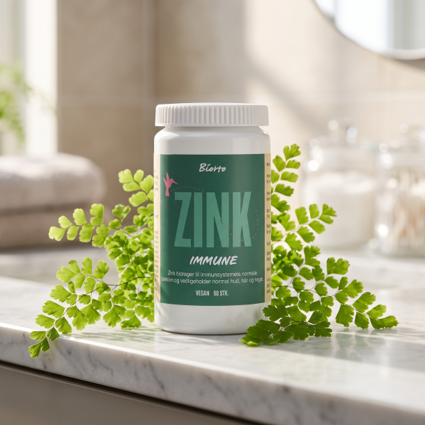 N�rbillede af den hvide og gr�nne Biorto Zink Immune d�se st�ende p� et lyst, elegant badev�relsesm�bel i marmor, omkranset af lette, gr�nne bregneblade.