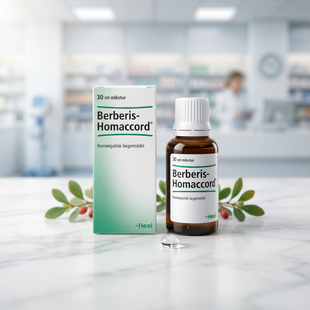 Heel Berberis-Homaccord dr�ber og �ske anrettet p� lyst marmor, ledsaget af en frisk berberisgren med r�de b�r i et lyst, klinisk milj�.