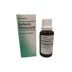 Biovita Heel Berberis-Homaccord 30 ml. M�rk glasflaske med hvidt l�g ved siden af en hvid og gr�n �ske.