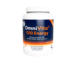 Biosym OmniVita Q10 Energy d�se med m�rkebl�t og orange design. 100 mg Coenzym Q10 og Vitamin C.