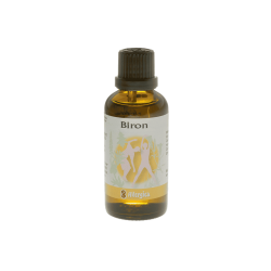 En m�rkebrun apoteker-glasflaske fra Allergica. Etiketten pr�senterer navnet Biron over en smuk baggrund af gule farver og for�rs-silhuetter. Flasken indeholder 50 ml dr�ber og har en indbygget dr�bet�ller.