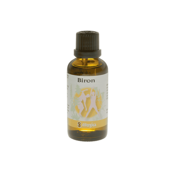 En m�rkebrun apoteker-glasflaske fra Allergica. Etiketten pr�senterer navnet Biron over en smuk baggrund af gule farver og for�rs-silhuetter. Flasken indeholder 50 ml dr�ber og har en indbygget dr�bet�ller.