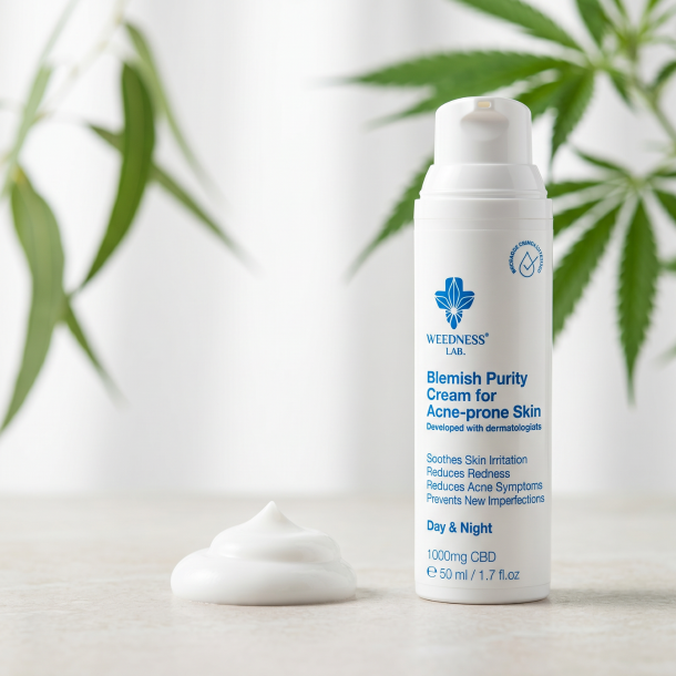 Niacinamid og CBD i Weedness Blemish Purity skaber kosmetisk balance og klar hud.