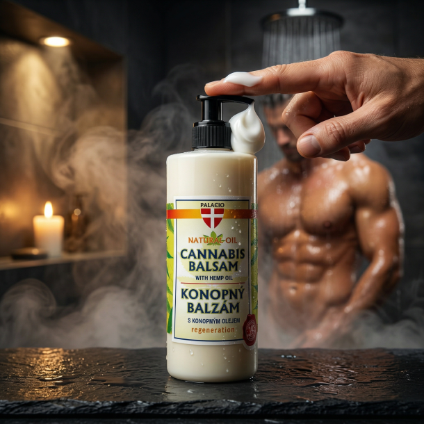 N�rbillede af en h�nd, der trykker p� pumpen p� en Palacio Body Balsam flaske og dispenserer hvid lotion.