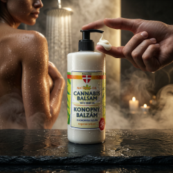 N�rbillede af en h�nd, der masserer Palacio Body Balsam lotion ind i en v�d, veltr�net ryg.