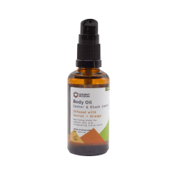 �kologisk Gulerod & Appelsin Kropsolie 50ml i ravgul glasflaske &ndash; eksklusiv, revitaliserende og n�rende pleje til Wellness & Restitution pr�senteret p� shoppen.