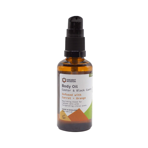 �kologisk Gulerod & Appelsin Kropsolie 50ml i ravgul glasflaske &ndash; eksklusiv, revitaliserende og n�rende pleje til Wellness & Restitution pr�senteret p� shoppen.