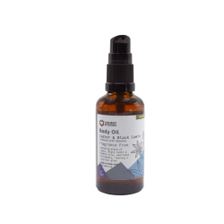 �kologisk Hybenrose Kropsolie i en elegant 50ml ravgul glasflaske &ndash; parfumefri og n�rende pleje til Wellness & Restitution.