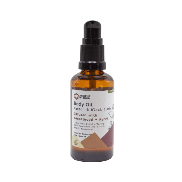 �kologisk Sandalwood & Myrrh Kropsolie 50ml i ravgul glasflaske &ndash; eksklusiv, groundende og n�rende pleje til Wellness & Restitution pr�senteret p� shoppen.