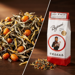 Et utroligt skarpt n�rbillede af l�s Bojenmi-te. Man ser de fine, t�rrede blade af hvid og Oolong te blandet med sm� stykker lysende orange havtornb�r og t�rret citrusskr�l, der hviler p� en rustik tr�overflade.