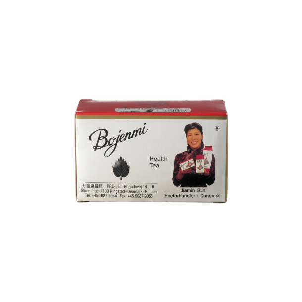 En rektangul�r hvid �ske med r�d kant fra m�rket Pre-Jet. �sken hedder 'Bojenmi Health Tea' og har et billede af en asiatisk kvinde p� fronten.