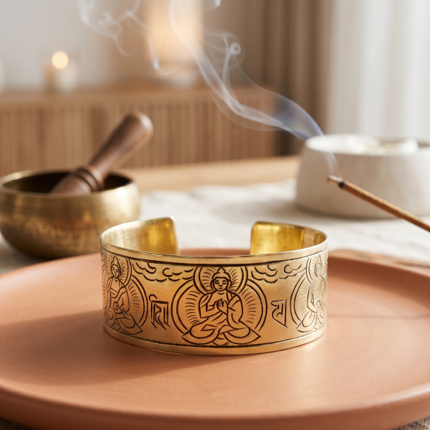Det antikke tibetanske messingarmb�nd smukt pr�senteret p� en terracotta-overflade ledsaget af en syngesk�l og blid r�gelse, der emmer af yoga og meditation.