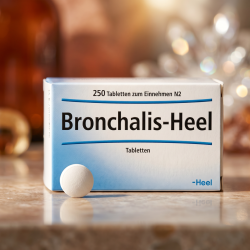 Et krystalklart makrobillede af en perfekt, struktureret og t�r hvid hom�opatisk tablet placeret sirligt p� en glat stenoverflade ved siden af den realistiske, brede hvide Bronchalis-Heel �ske fra Heel (helt uden pipetter, dr�bet�llere eller v�ske). Den bl�dt sl�rede baggrund kombinerer varme, br�ndte cognac/terrakotta-nuancer, bl�de ravfarvede refleksioner og str�lende, krystallinske mineralske lysglimt, som diskret og elegant repr�senterer den tyske farmaceutiske pr�cision og synergien af de 8 stoft�tte botaniske signaturer. Lyset er varmt, st�rkt og solrigt, hvilket fremh�ver total GMP-renhed uden at virke for sterilt. Knivskarpt fokus.