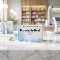 Bronchalis-Heel �ske pr�senteret p� lyst marmor, ledsaget af et gr�nt blad, i et lyst og rent skandinavisk klinik-milj�.