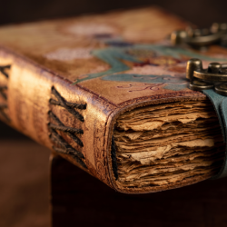 Et ekstremt n�rbillede af kanten p� en gammel l�derbog. Man ser tydeligt l�derets ru overflade og det tykke vintage-papir med uj�vne, flossede kanter (deckle-edge). Lyset fremh�ver bogens antikke og h�ndlavede detaljer.