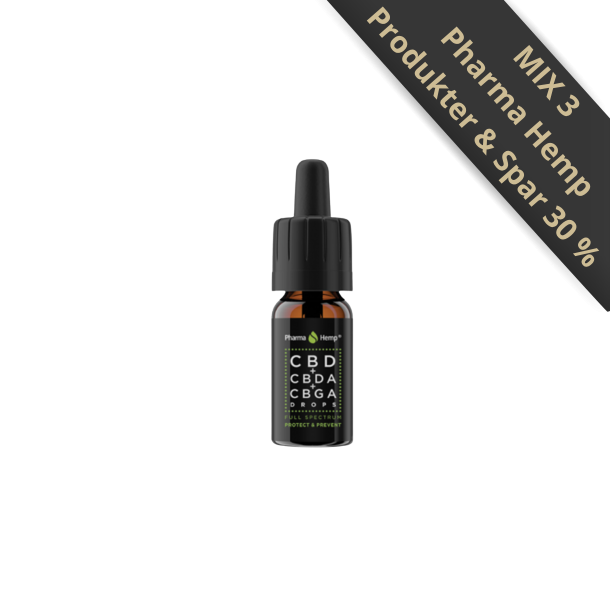 Pharma Hemp Protect & Prevent Drops 15% specialolie i en m�rk 10ml ravgul glasflaske med et sort og guldfarvet MIX 3 tilbudsbanner hos Helseservice.