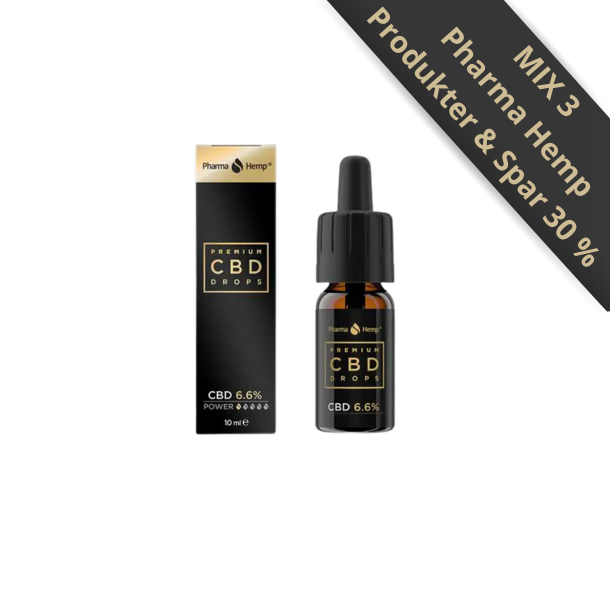 Pharma Hemp CBD Drops 6,6% Premium Olie i en sort og guldfarvet 10ml �ske med et lysegr�nt MIX 3 tilbudsbanner hos Helseservice.