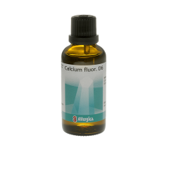 Allergica Calcium fluor. D6 50 ml flaske med hvidt m�rkat og lysebl�/gr� detaljer. Dansk h�ndpotenseret hom�opati.