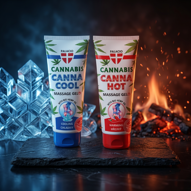 To store 200 ml massage-tuber fra Palacio st�ende side om side. Den bl� tube hedder CannaCool og symboliseres af is, mens den r�de tube hedder CannaHot og symboliseres af ild. Begge tuber er dekoreret med karakteristiske gr�nne hamp-blade.