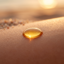 Makrobillede af en silkebl�d dr�be n�rende after sun kropsolie, der reflekterer den varme, gyldne aftensol.