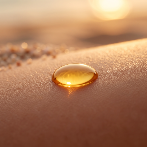 Makrobillede af en silkebl�d dr�be n�rende after sun kropsolie, der reflekterer den varme, gyldne aftensol.