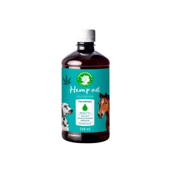 En 500 ml m�rk flaske med Cannadorra Hampolie til Dyr. Etiketten er gr�nbl� og viser illustrationer af et hundehoved og et hestehoved.