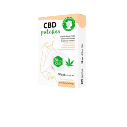 En orange og hvid �ske med Cannadorra CBD patches, 30 stk. �sken viser en stregtegning af en kvindekrop og fremh�ver 20 mg CBD.