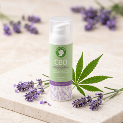 N�rbillede af den lysegr�nne og lilla Cannadorra CBD pumpeflaske st�ende skarpt p� en lys stenoverflade. Friske lilla lavendelblomster og et gr�nt hampeblad ligger smukt spredt foran flasken i et bl�dt, naturligt lys.