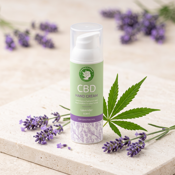 N�rbillede af den lysegr�nne og lilla Cannadorra CBD pumpeflaske st�ende skarpt p� en lys stenoverflade. Friske lilla lavendelblomster og et gr�nt hampeblad ligger smukt spredt foran flasken i et bl�dt, naturligt lys.