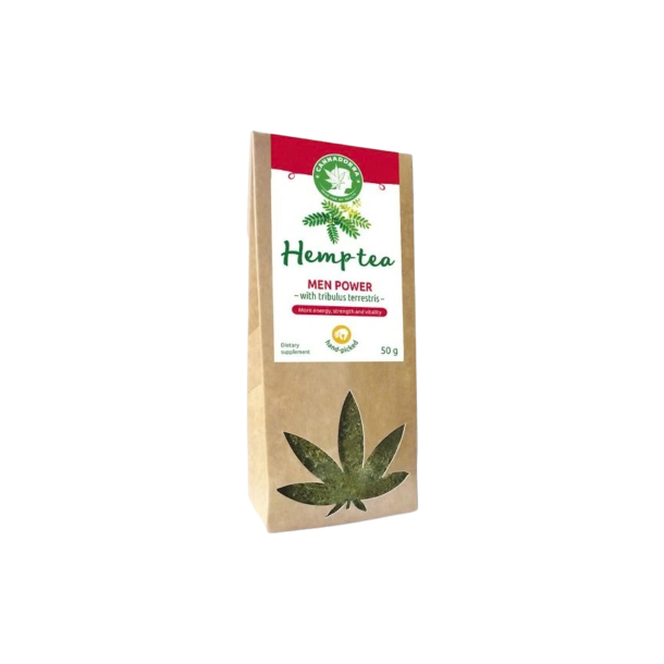Cannadorra Hemp Tea Men Power 50g urteblanding med hampetop og Tribulus Terrestris til mandlig vitalitet og balance.