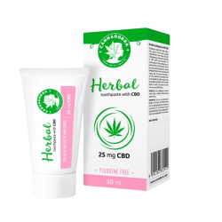 Opretst�ende Cannadorra Herbal Toothpaste with CBD �ske og tube. Designet er hvidt med klare gr�nne og lyser�de detaljer, og viser hampelogoet samt teksten 25 mg CBD.
