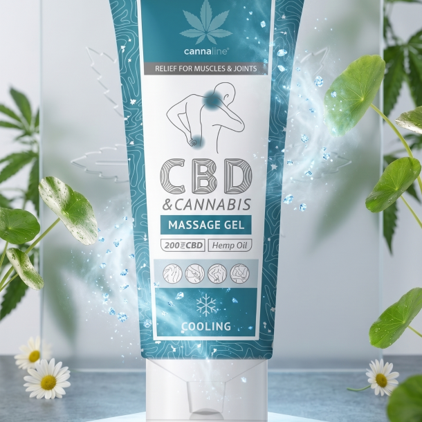 K�lende Cannaline Cannabis Massage Gel st�ende p� en r�, krystalklar isblok i et topmoderne fitness- og wellness-studio.